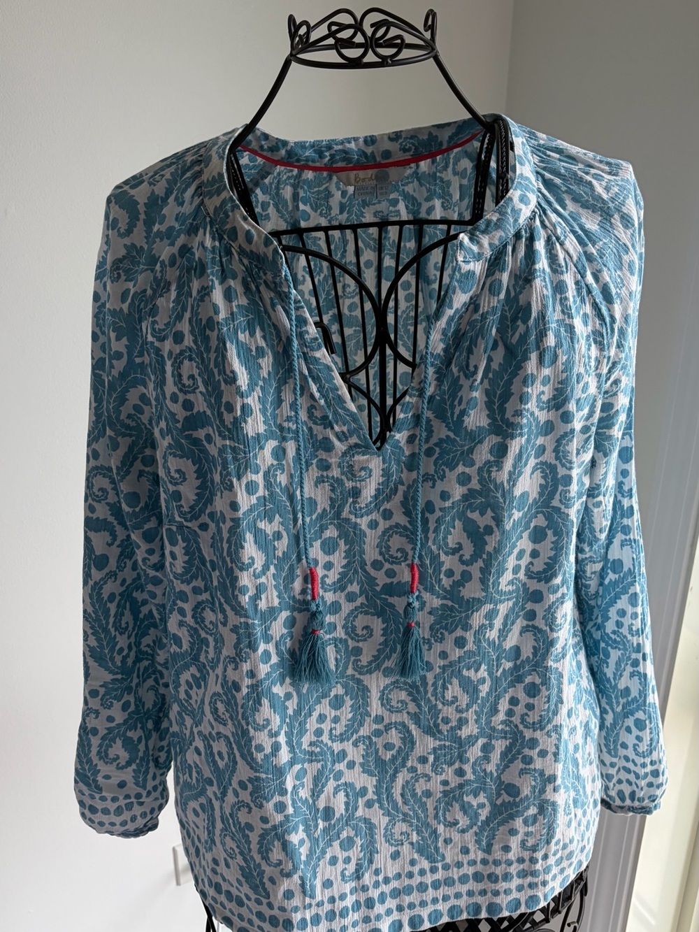 Boden Blue Paisley Split-Neck Tunic with Tassel Ties